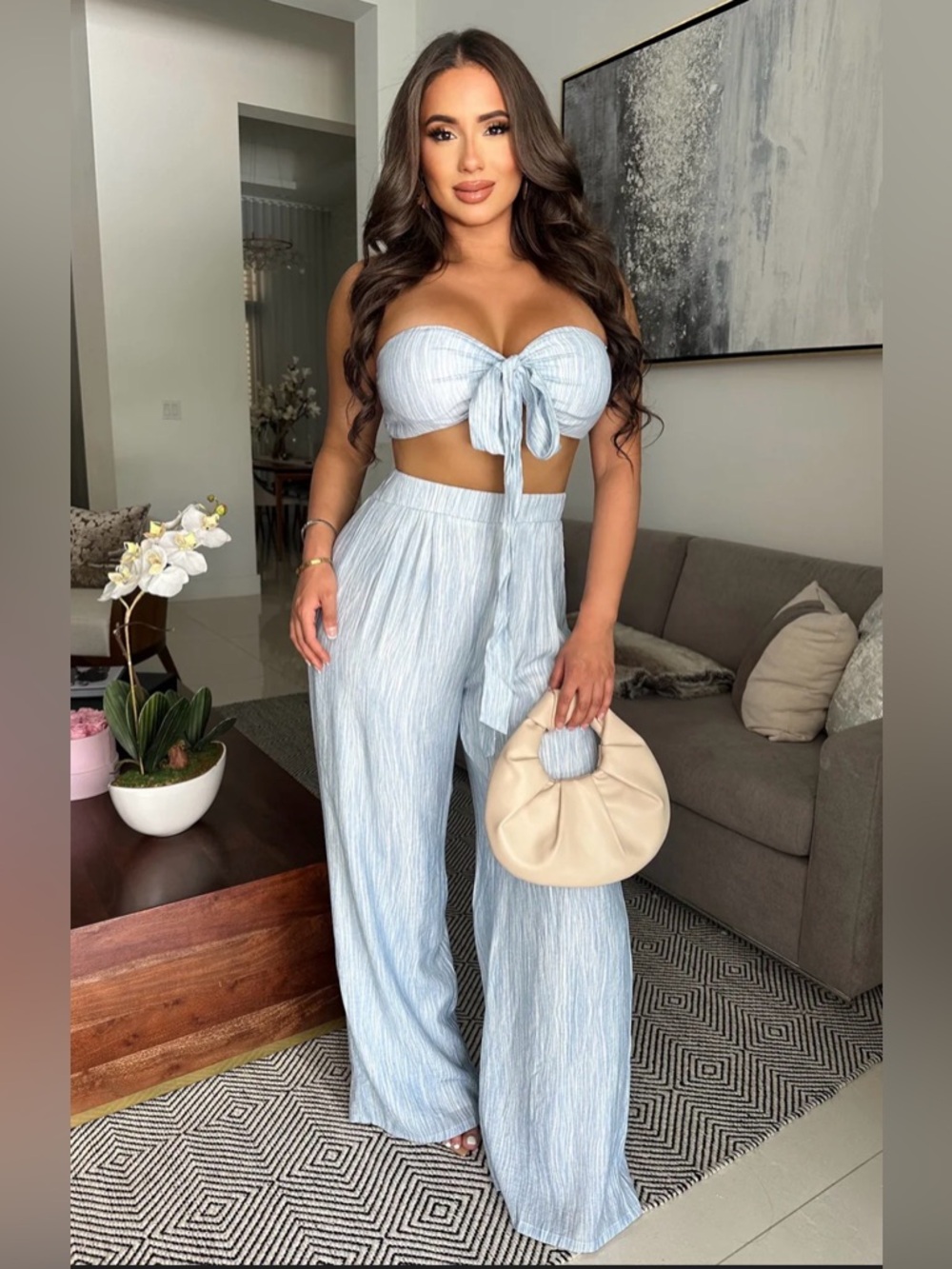 privy Light Blue Wide-Leg Tie-Front Crop Top & Pants Set